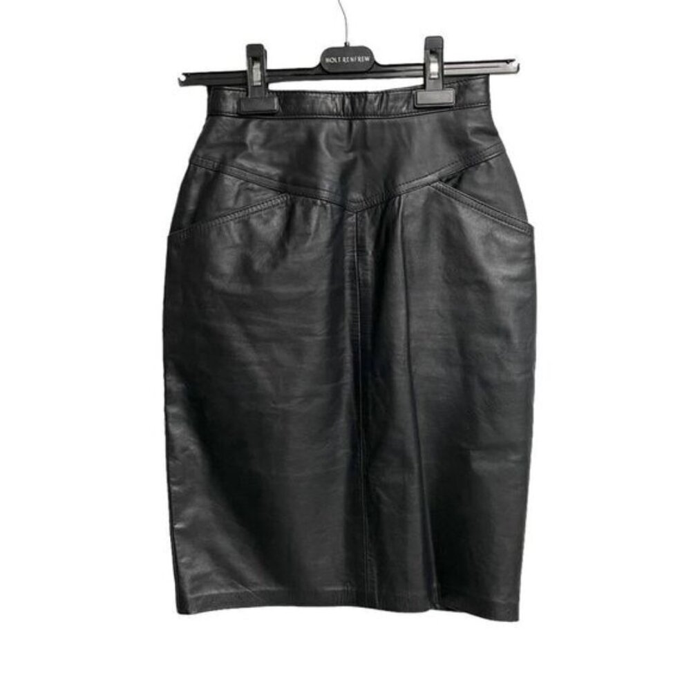 Vintage Leather High Waisted Knee Length Midi Pencil Skirt Black XS